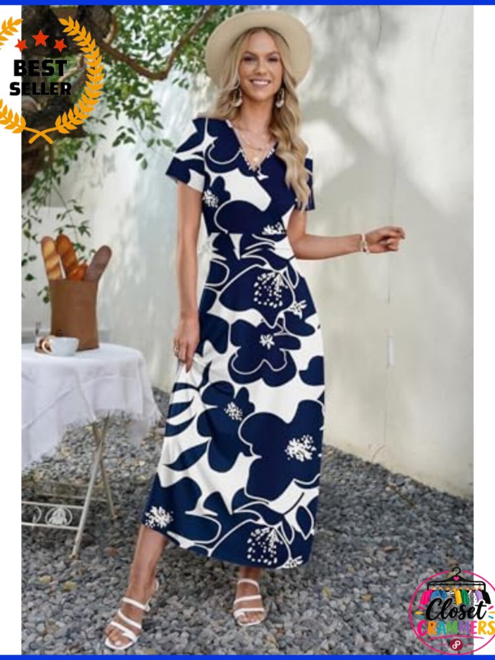 Women's Floral Wrap Maxi Dress Short Sleeve V-Neck Beach Vacation Casual - Picture 3 of 6